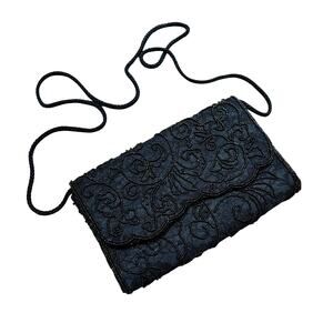 Vintage La Regale black satin evening bag beaded shoulderbag dressy purse 1990’s